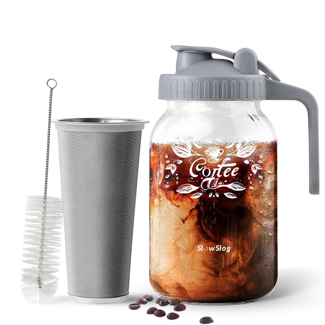 Cold Brew Coffee Maker, 32oz Cold Brew Mason Jar Pitcher with Lid, Iced Coffee Maker, Cold Brew Pitcher with Stainless Steel Filter for Iced Tea, Sun Tea, Leak Proof