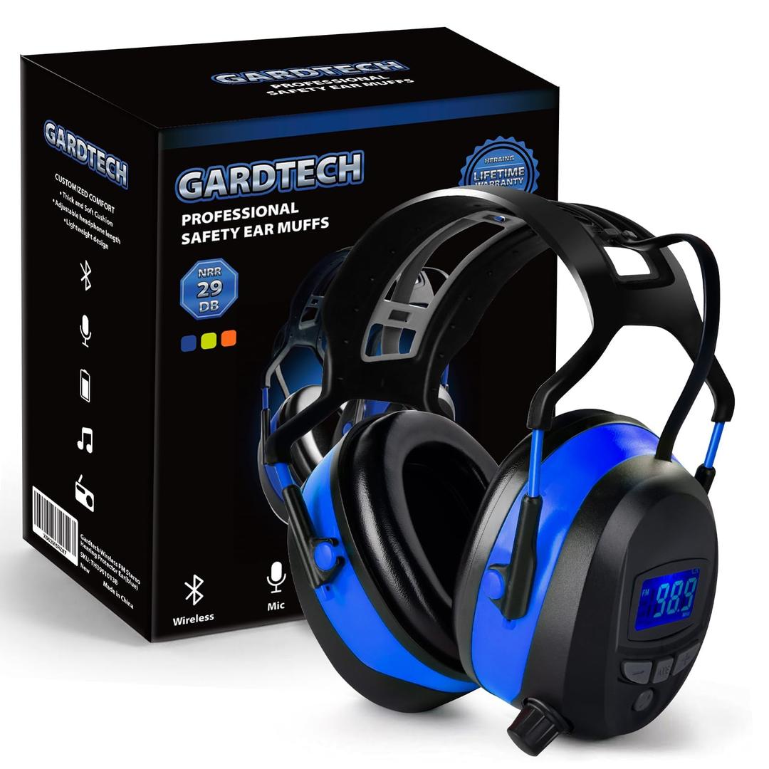 GardtechHearing Protection with Bluetooth, FM Radio Earmuffs, NRR 29dB Hearing Protection Headphones Noise Cancelling Headphones with MP3 for Mowing Lawn Work, Rechargeable BL-5B Battery