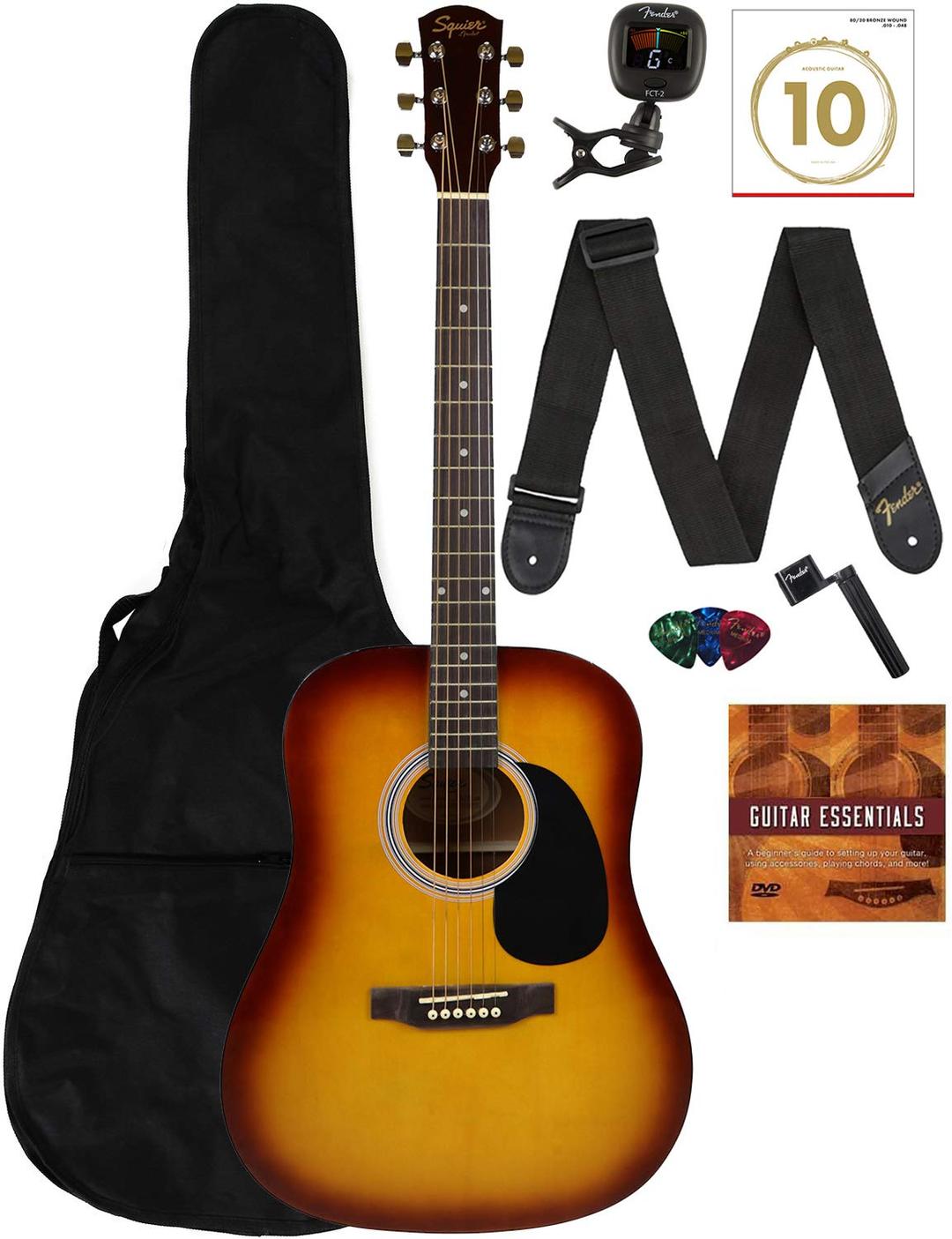 FenderDreadnought Acoustic Guitar - Sunburst Bundle with Gig Bag, Tuner, Strings, Strap, and Picks