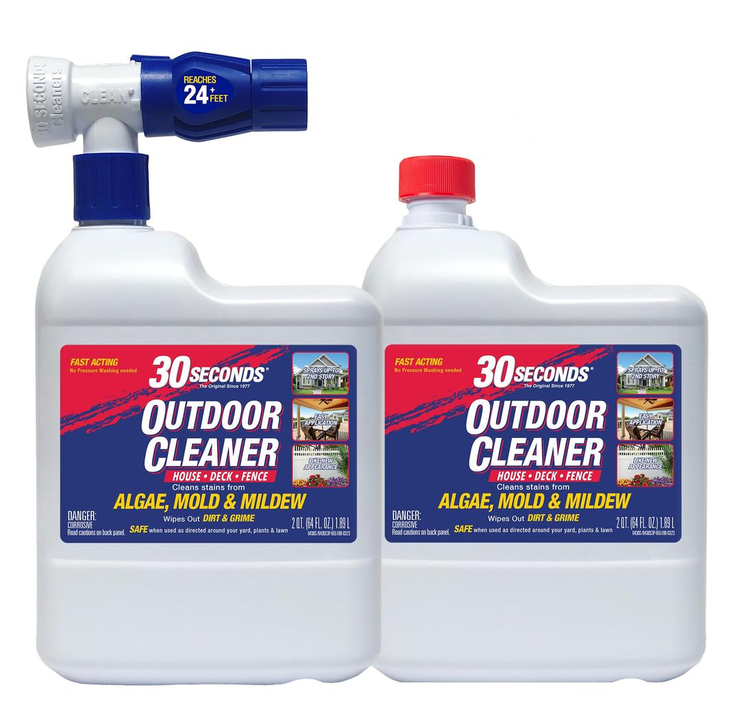 30 SECONDSOutdoor Cleaner 2 Pack with Hose End Sprayer - Cleans Stains from Algae, Mold and Mildew on Vinyl Siding, Deck, Patio, Brick and More