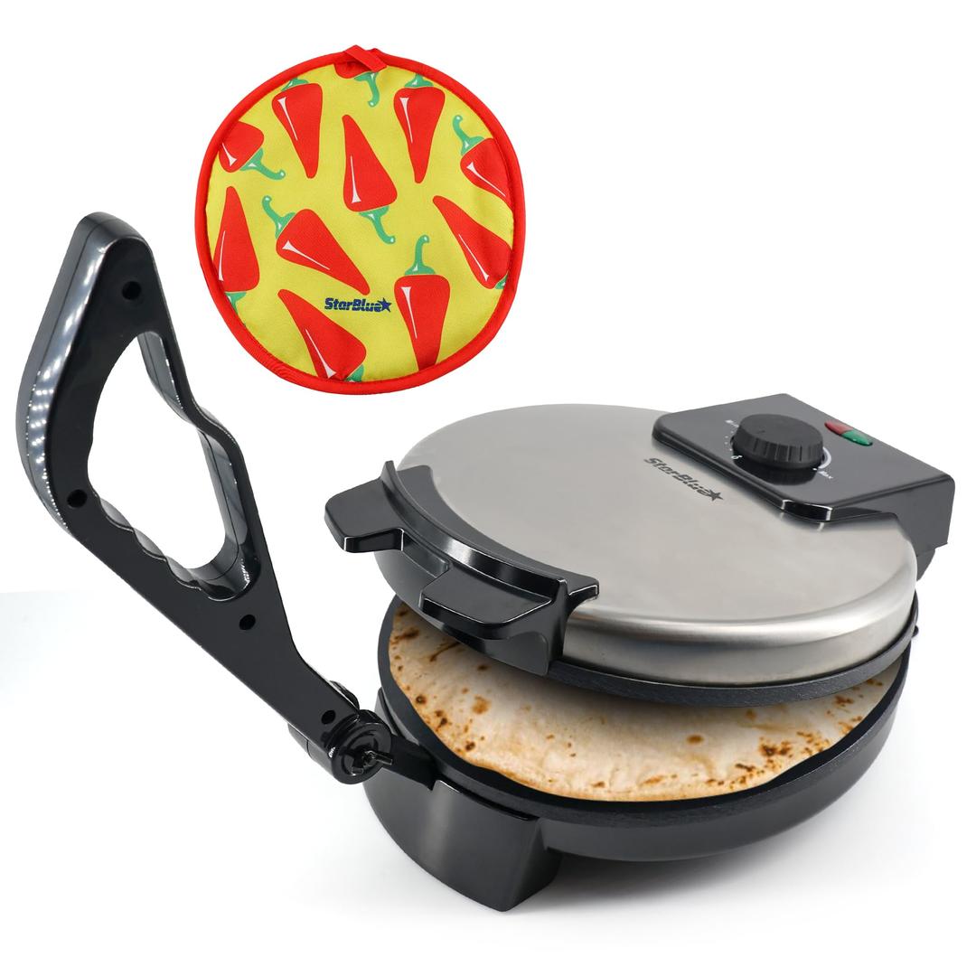 10inch Roti Maker by StarBlue with FREE Roti Warmer and Removable Handle - The automatic Stainless Steel Non-Stick Electric machine to make Indian style Chapati, Tortilla, Roti AC 110V 50/60Hz 1200W