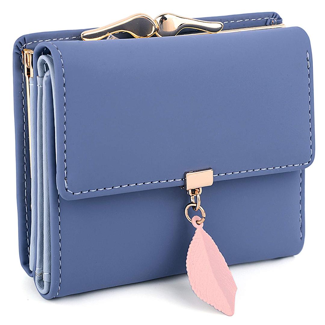 UTO Small Wallet for Women PU Leather Leaf Pendant Card Holder Organizer Coin Purse A Navy Blue