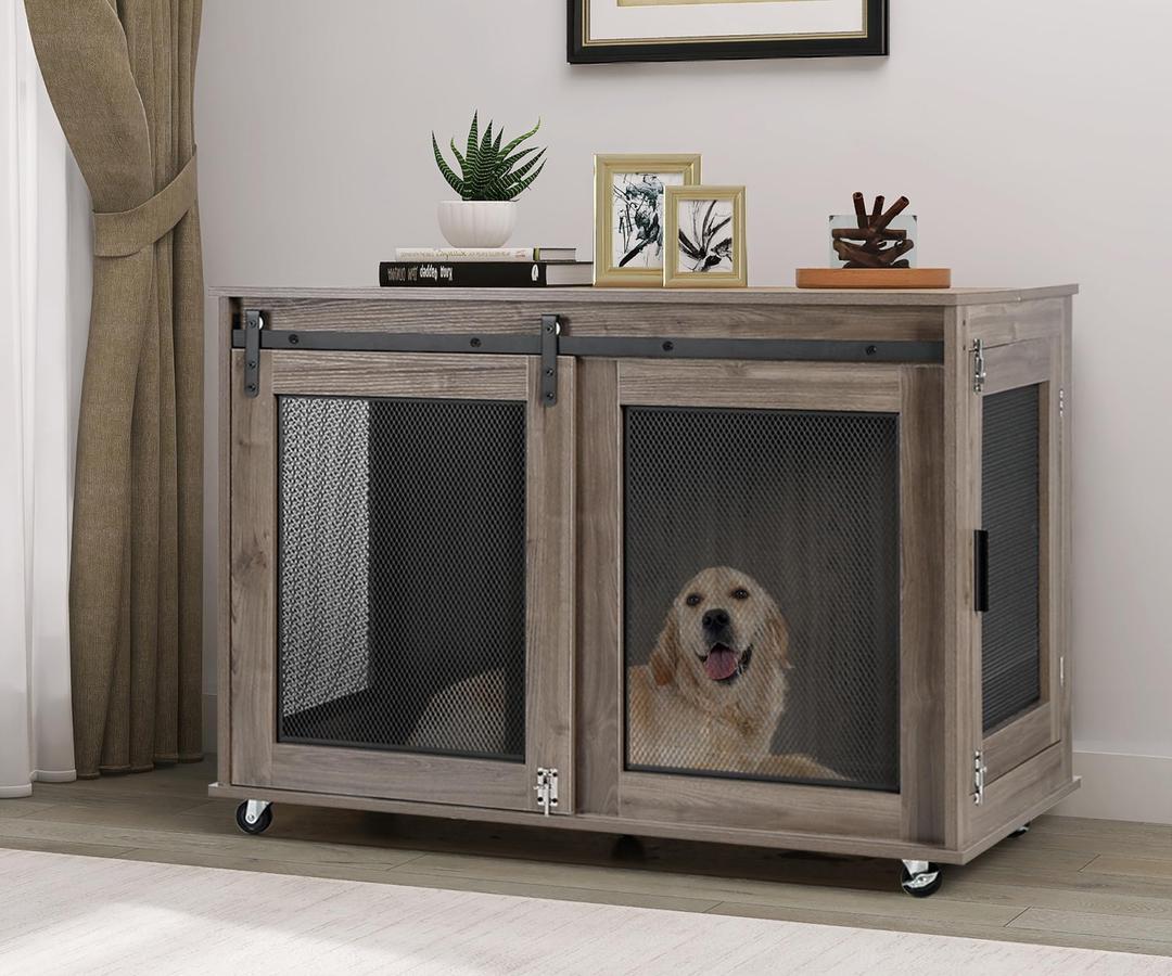 LINLUX 40 Inch Dog Crate Furniture, Wooden Heavy Duty Dog Kennel Indoor, Decorative Dog Cage Table for Large Medium Dogs, with Sliding Doors, Wheels and Flip-top Plate