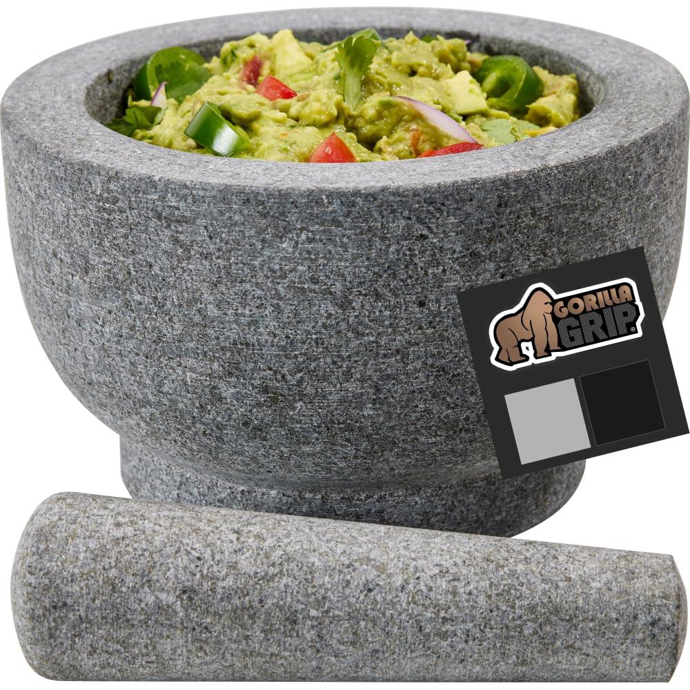 Gorilla Grip Heavy Duty 100% Granite Mortar and Pestle Set, Slip Resistant Foam Base, Grind Spice and Herbs, Stone Molcajete Bowl for Guacamole, Salsa, Garlic Crusher Kitchen Tool, 1.5 Cup, Gray