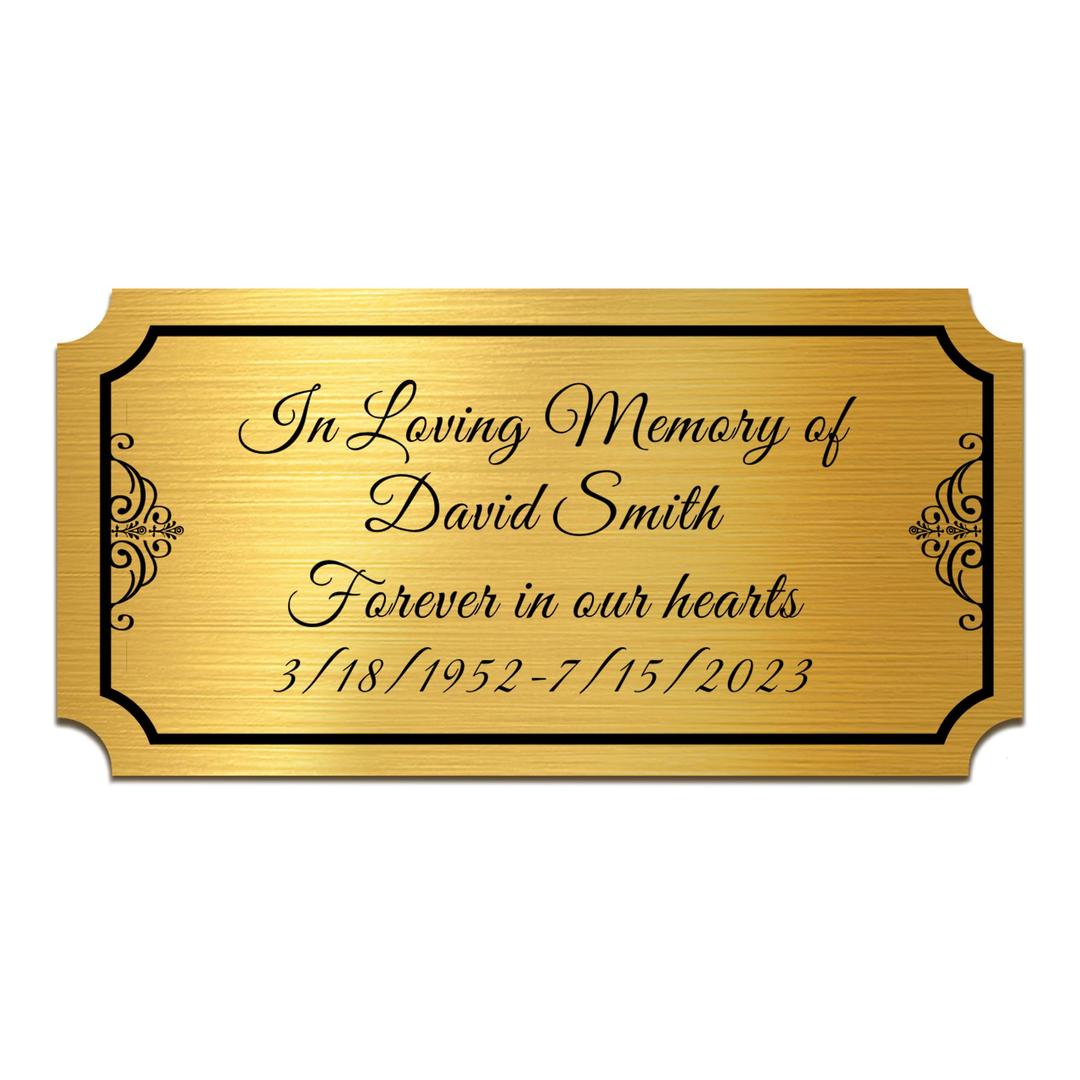 Engraved Name Plate Personalized Memorial Plaques for Doors Urns Solid Metal Plate 2x4in Name Plate Name Label Plaques with Adhesive Backing (Gold, Design 3)