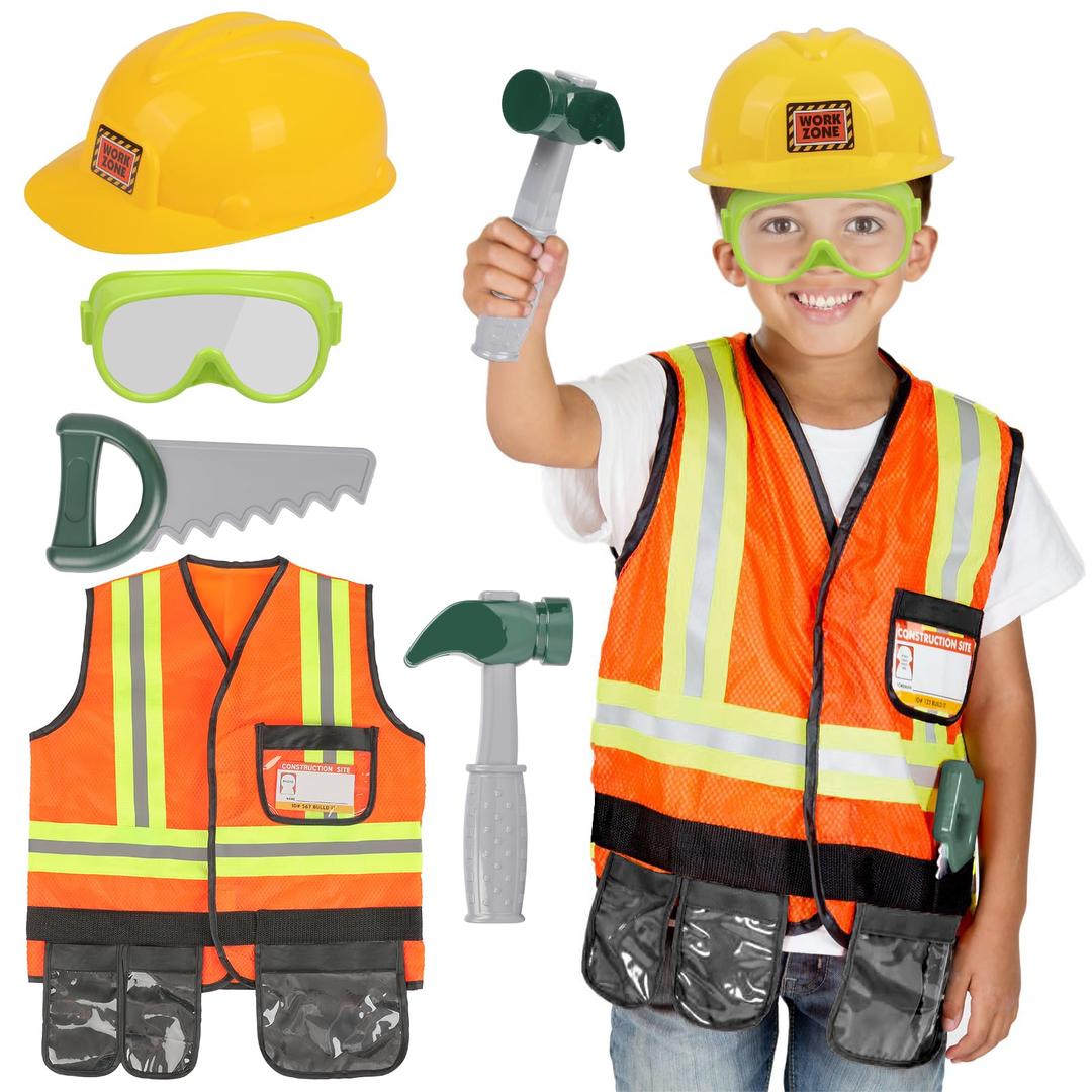 Kids Construction Worker Toys, Toddler Tool Pretend Play with Construction Vest & Hat, Worker Dressup Set for Boys Girls 3 4 5 Years Old