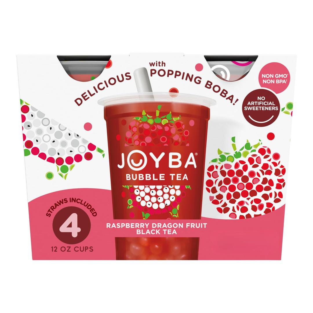 Joyba Bubble Tea Raspberry Dragon Fruit Black Tea with Popping Boba, 4 Pack, 12 fl. oz. Cups