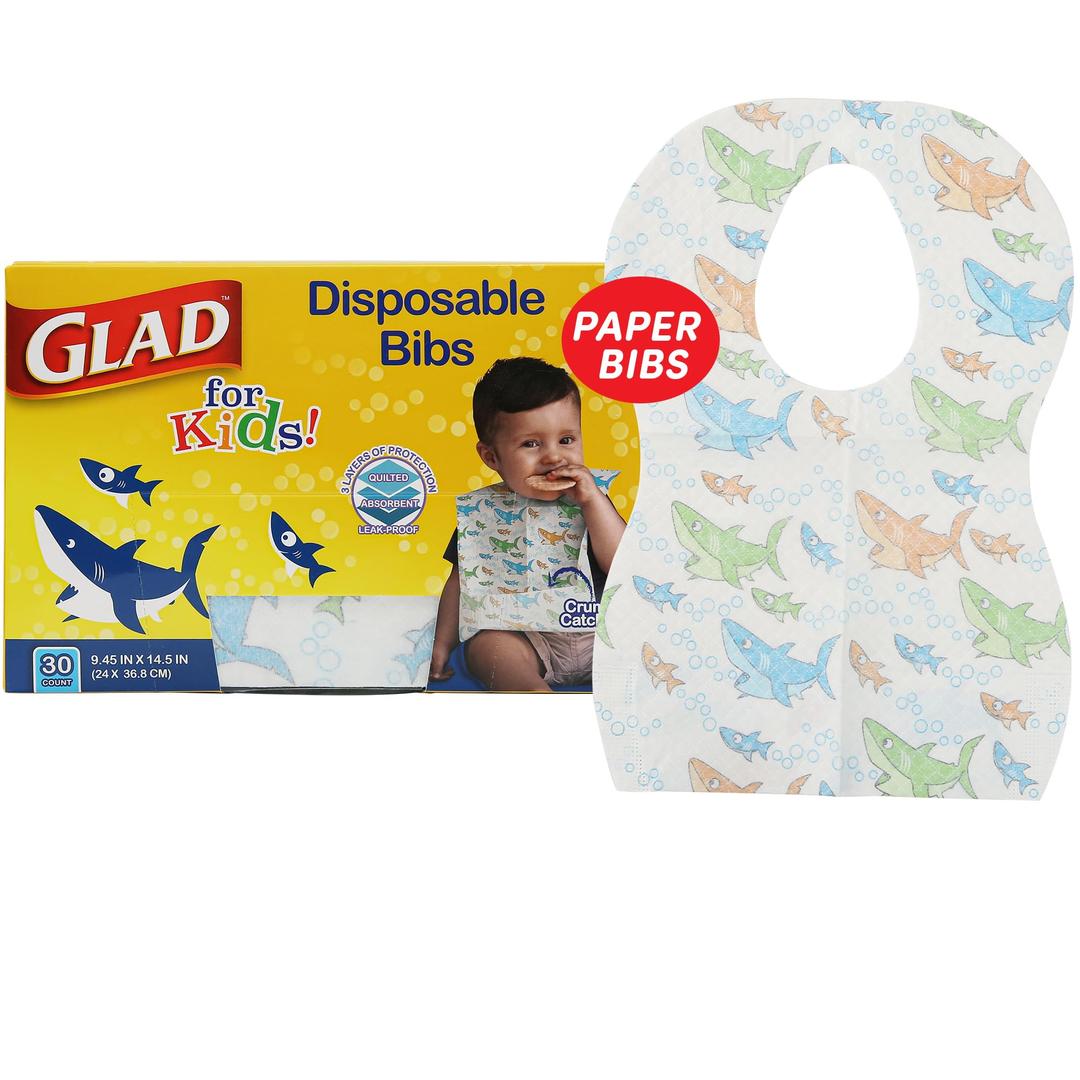 Glad for Kids Shark Disposable Paper Bibs with Crumb Catcher for Feeding - Absorbent and Leakproof Eating and Travel Essentials for Mess-Free Meals, 30 Count