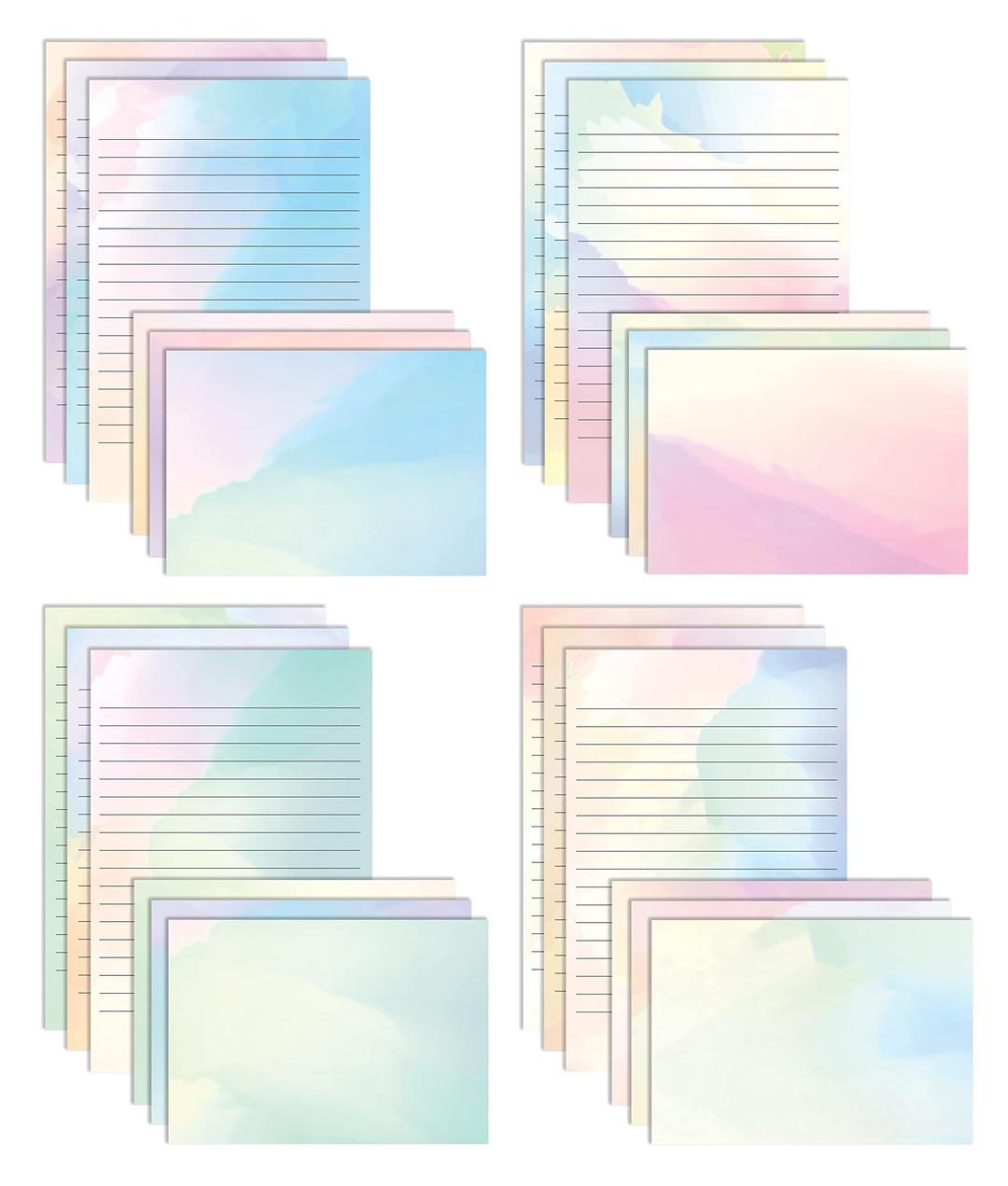 Better Office Products Mini Stationery Set, 100 Piece Set (50 Lined Watercolor Sheets + 50 Matching Envelopes), 5.5 x 8.25 inch, 12 Unique Designs, Double Sided Printing, One Side Lined Paper,