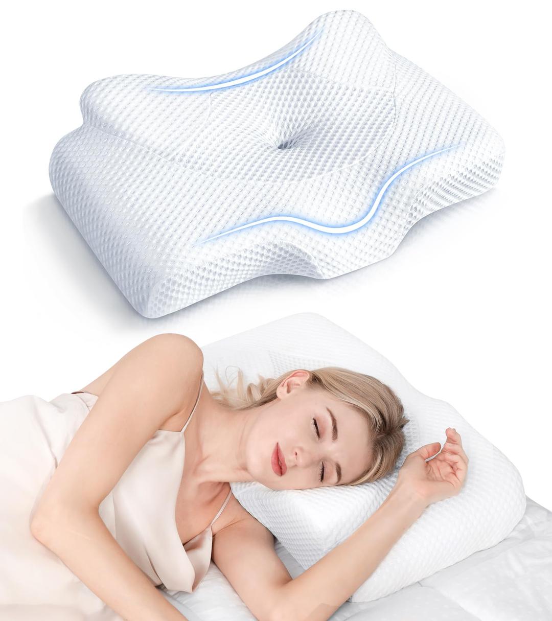 Osteo Cervical Pillow for Neck Pain Relief, Hollow Design Odorless Memory Foam Pillows with Cooling Case, Adjustable Orthopedic Bed Pillow for Sleeping, Contour Support for Side Back Stomach Sleepers