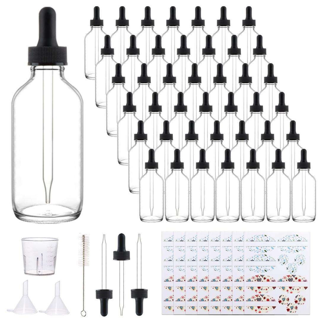 42 Pack 4oz Clear Glass Bottles with Glass Eye Droppers for Essential Oils, Perfumes & Lab Chemicals (Brush, Funnels, 3 Extra Droppers, 48 Pieces Labels & 30ml Measuring Cup Included)