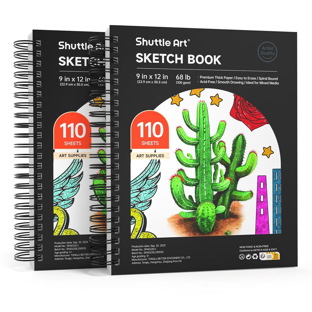 Shuttle Art 9x12” Sketchbook, 220 Sheets Total, Pack of 2(110 Sheets Each), 68lb/100gsm Thick Paper, Spiral Bound Mixedmedia Sketch Pad, Acid-free Drawing Pad for Kids Adults Artists Sketching Drawing