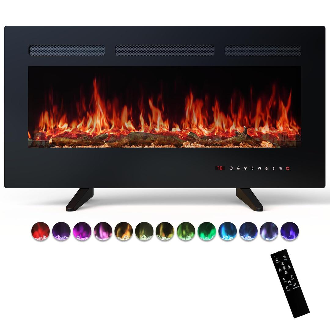 Sweetcrispy Electric Fireplace, 1500W/750W Wall Mount or Recessed Fireplace Insert and Freestanding, Electric Fireplace Heater with Remote Control,13 Adjustable Flame Color, 12H Timer, Touch Screen