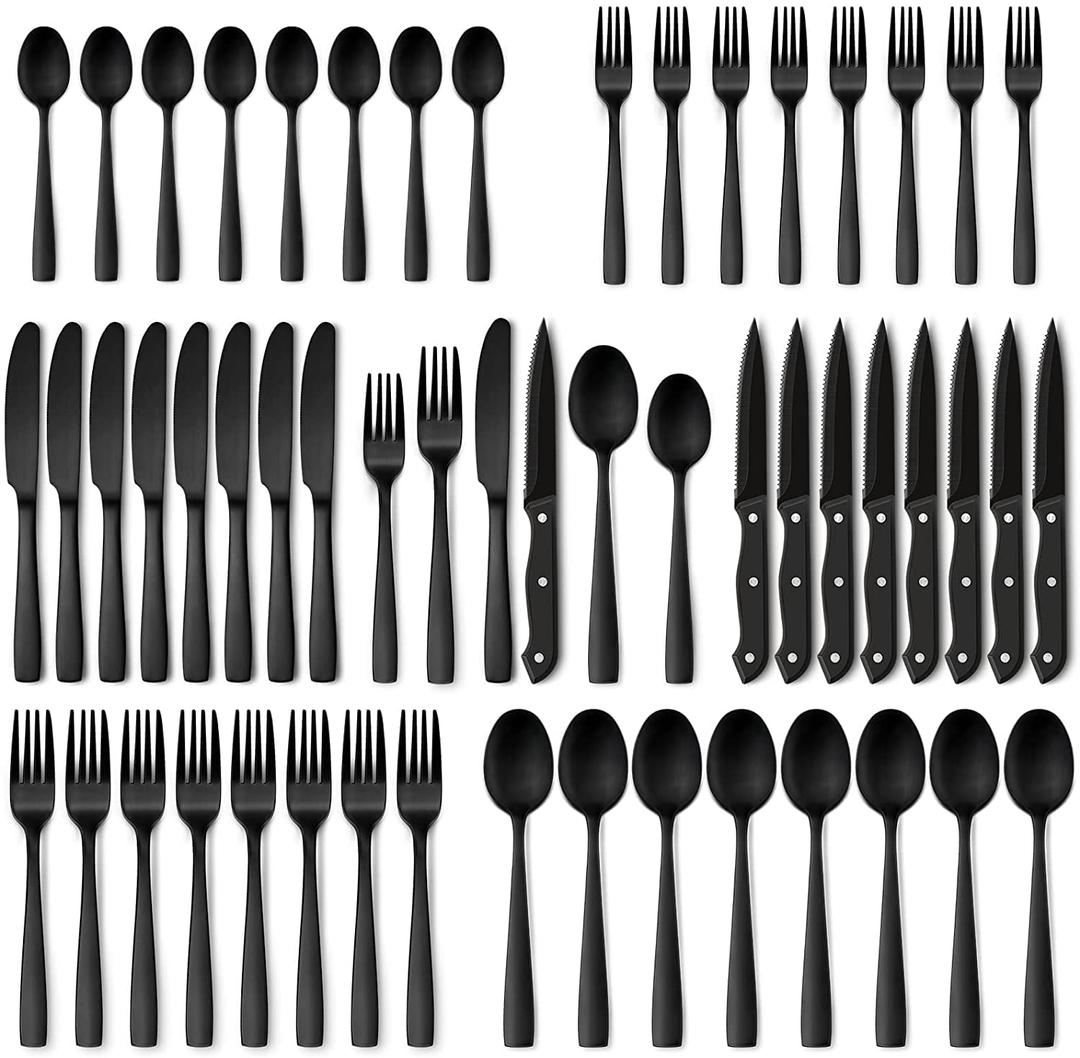 Hiware 48-Piece Matte Black Silverware Set with Steak Knives, Black Flatware Set for 8, Stainless Steel Tableware Cutlery Set, Utensil Sets for Kitchen