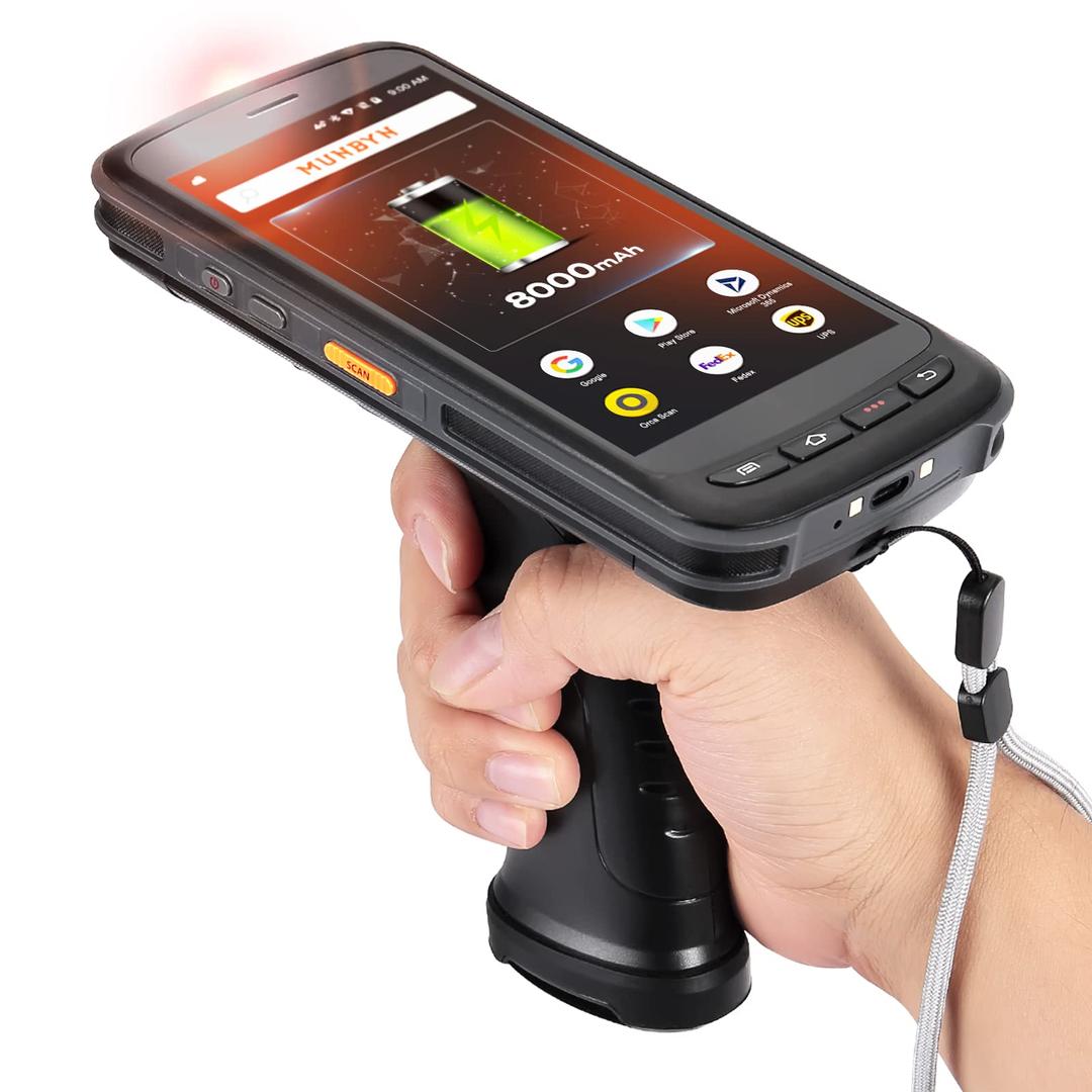 MUNBYN Android 11 Barcode Scanner Handheld Mobile Computer 1D/2D QR PDF17 Zebra Scanner Inventory, IP65 8000mAh Pistol Grip, 5.2'' Full Screen with Pistol Grip, 4G, Wi-Fi, BT, GMS PDA Scanner for WMS