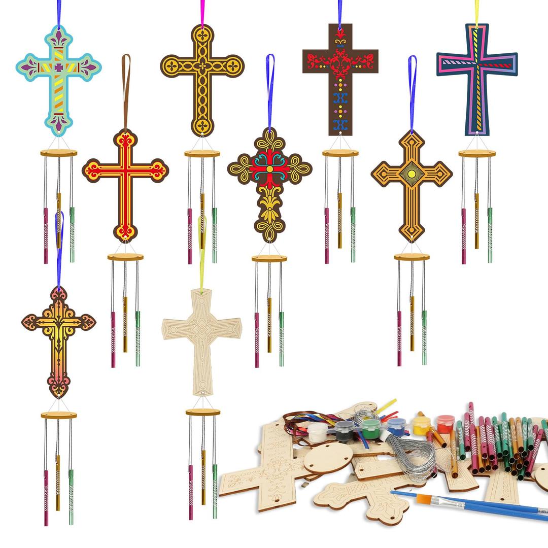 9 Pack Cross Wind Chime Kit for Kids Make You Own Easter Cross Wind Chimes DIY Wooden Crafts to Paint for Art Activities Easter Decoration Birthday Gift