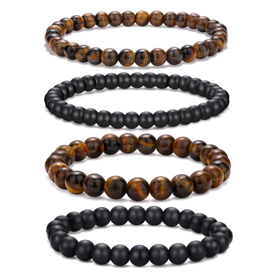 RANKEEFMens Bead Bracelet Adjustable Elastic Rope Mens Bracelet Set 6&8MM Natural Stone Beads Multi-Colored Beads Bracelets Tiger Eye Bracelets Mens Gift