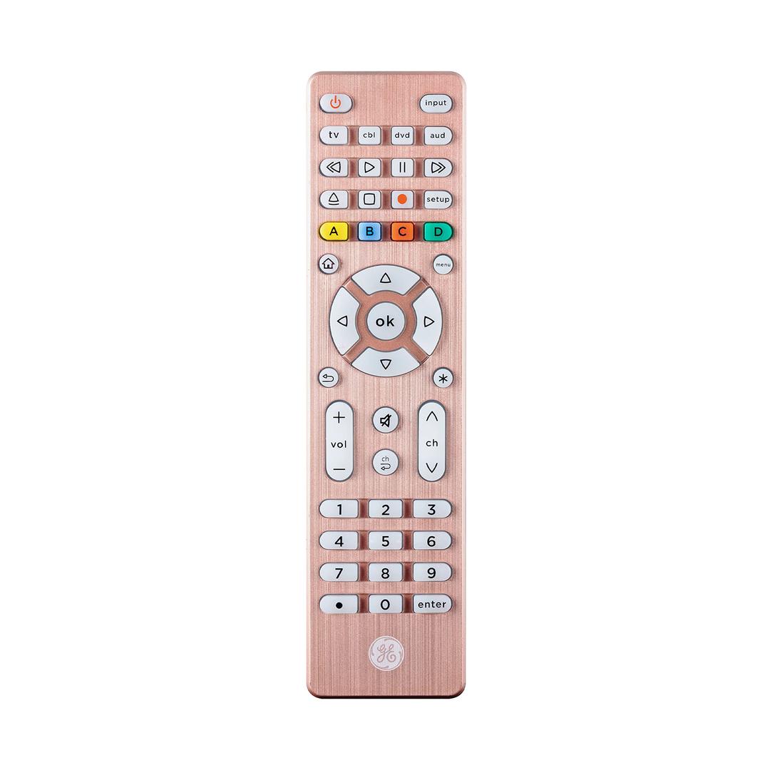 GE Universal Remote Control for Roku TV, Samsung TV, Vizio, LG, Sony, Sharp, Roku, Apple TV, TCL, Panasonic, Smart TVs, Streaming Players, Blu-ray, DVD, 4-Device, Rose Gold, 48846