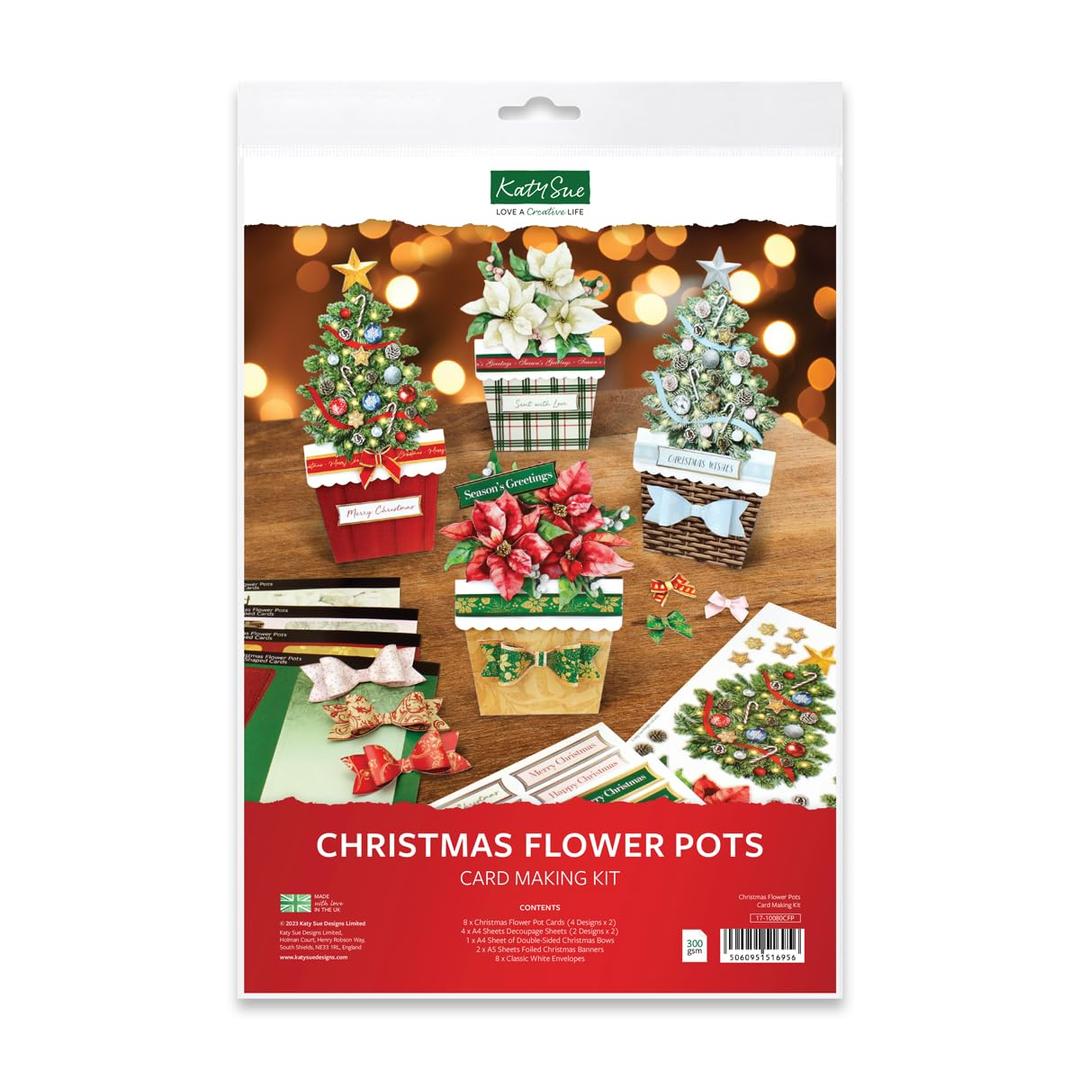 Katy SueChristmas Flower Pots Card Making Kit. 8 Cards & Envelopes, 4 Sheets Die-Cut Decoupage, 1 Sheet Decoupage Bows, Adhesive Pads & 2 Sheets Foiled Banners for Christmas Card Making Supplies