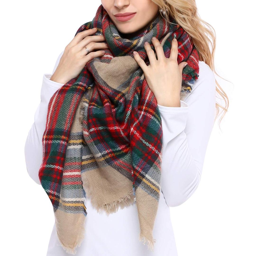 Bess BridalWomen's Plaid Blanket Winter Scarf Warm Cozy Tartan Wrap Oversized Shawl Cape