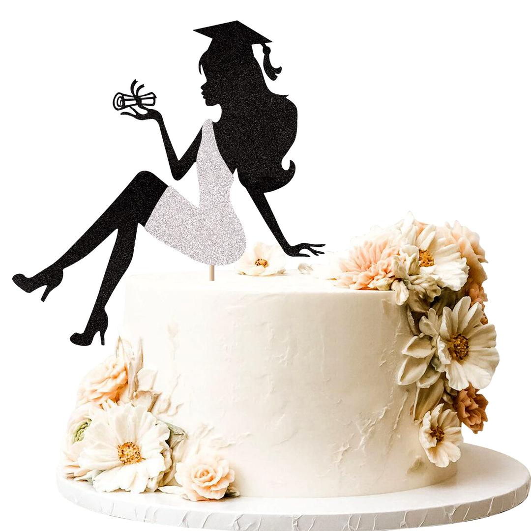 1 PCS High Heel Girl Graduation Cake Topper with Glitter Grad Cap Diploma 2024 Graduation Cake Pick 2024 Senior Graduation Cake Decorations for 2024 Girl Graduation Theme Party Supplies Silver