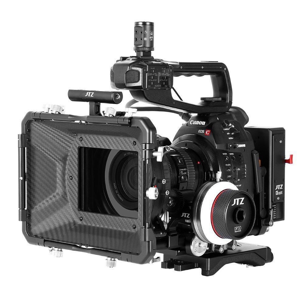 DP30 Camera Cage with Universal 15mm Rail Rod Baseplate Rig+4×4" Carbon Fiber Matte Box+Follow Focus+Power Supply (LE Version) for Canon Cinema EOS C100 C300 C500 Mark II 2 Video Cameras