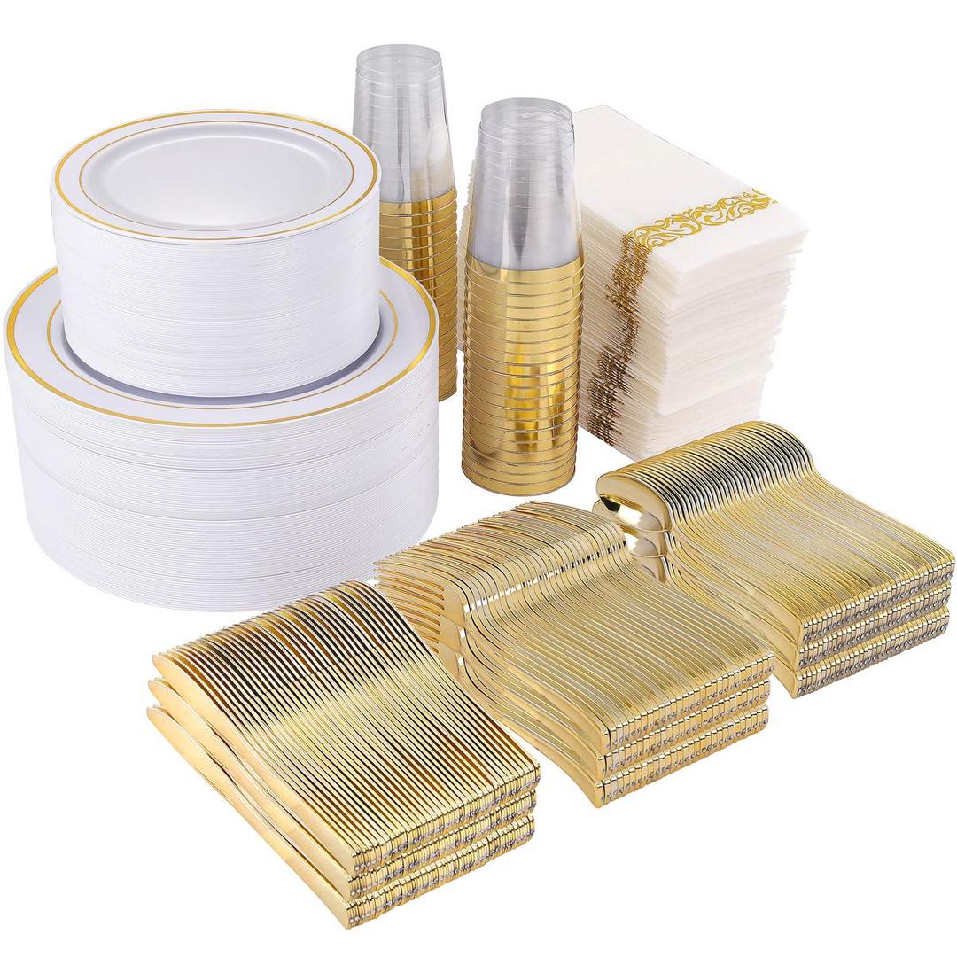 700 Pcs Gold Dinnerware Set, Plastic Dinnerware Set Perfect for 100 Guests Include: 100 Gold Rim Dinner Plates, 100 Gold Dessert Plates, 100 Paper Napkins, 100 Cups, 100 Gold Plastic Silverware Set