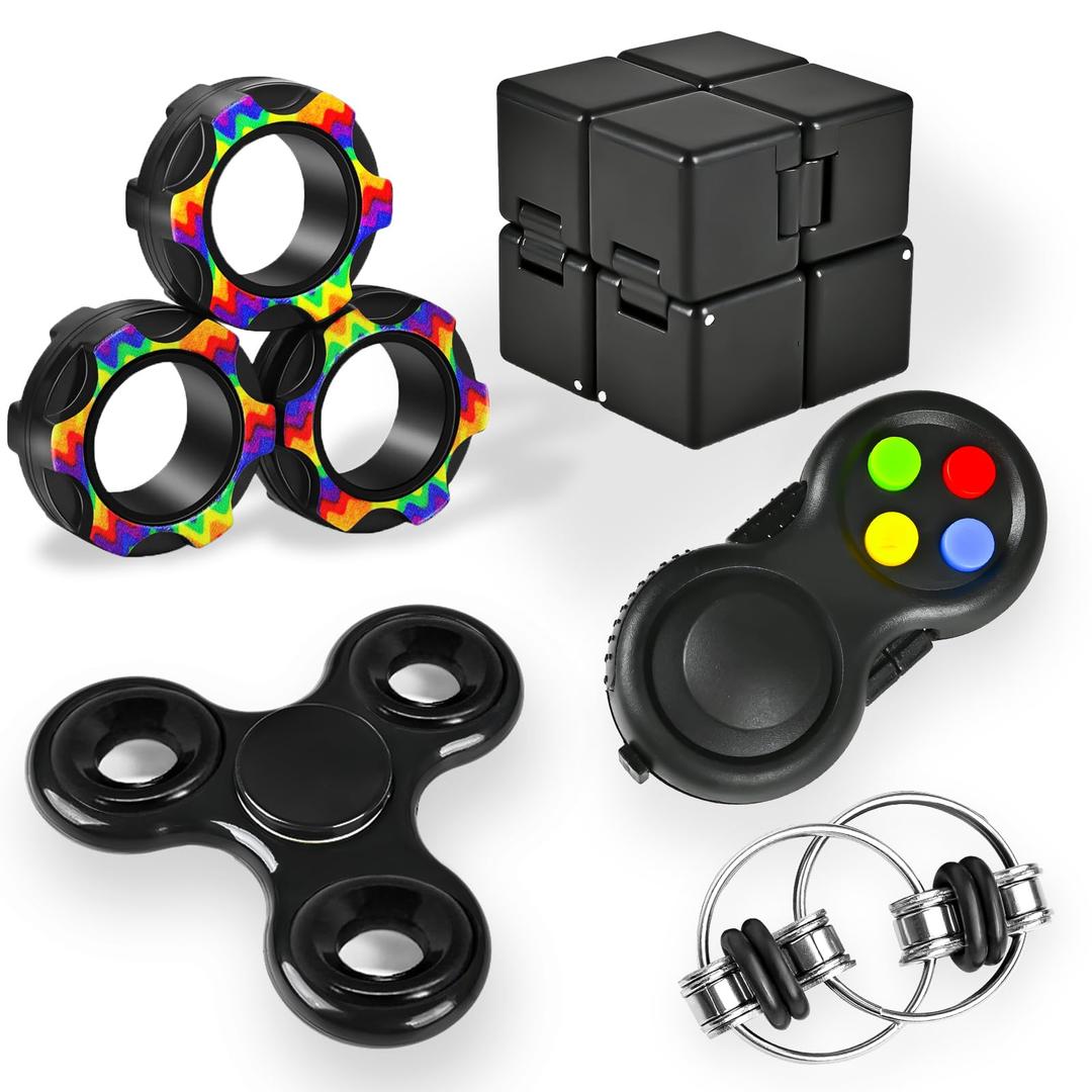 5Pcs Fidget Toys Adults Set, Autism Sensory Pack with figette Cube Magnetic Rings Pad ADHD Stress Relief for Kids Teen, Cool Gadget Desk Spinner Christmas Stocking Stuffer