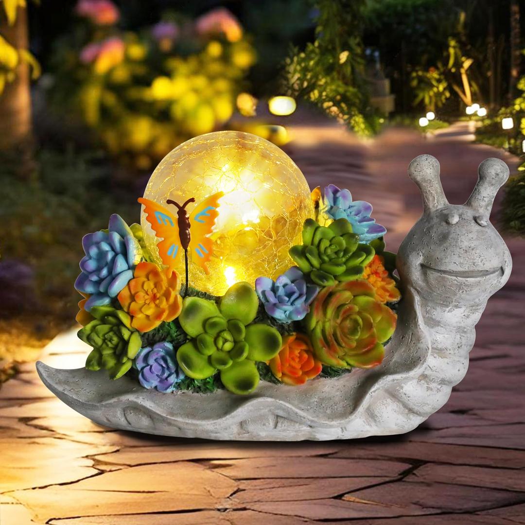 Afirst Solar Garden Statues Outdoor Figurines Snail with Succulent Lawn Ornament with Solar Lights Cracked Glass Outdoor Decor for Patio Yard Decorations Gift