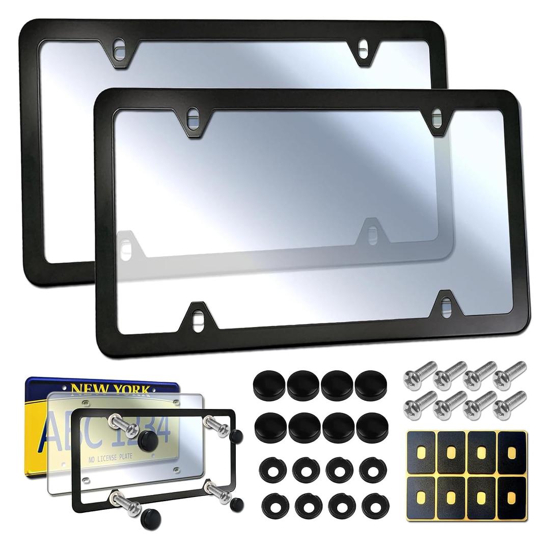 BGMVFKLicense Plate Cover Frame Combo- Universal Front Rear Protector, Clear Flat Car Tag Cover & Black Aluminum Frame Holder with Screws Caps, 2 Sets