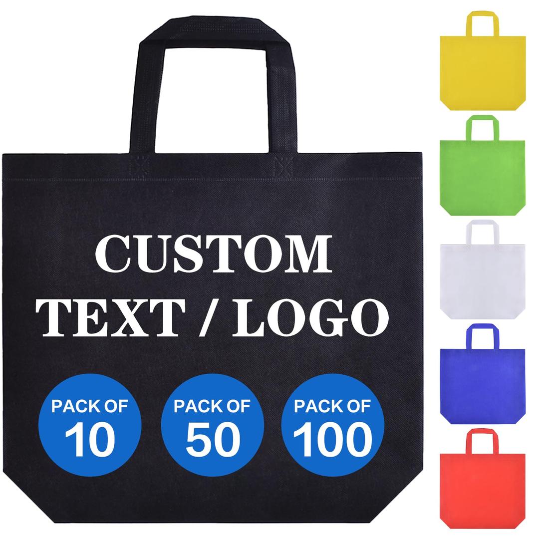 Custom Tote Bags 100 Pack, Personalized Logo Text, Bulk Grocery Bags, Reusable Shopping Bags Black