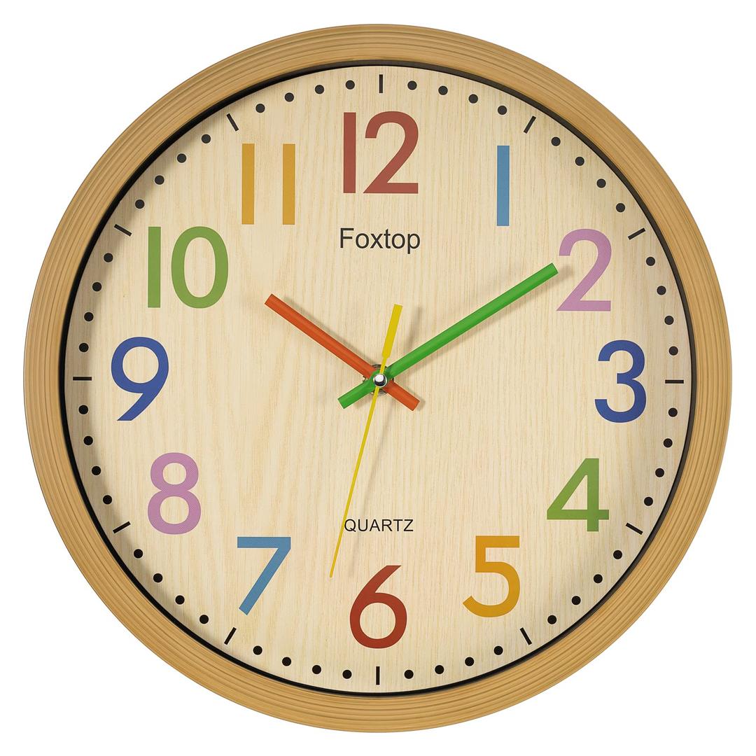 Foxtop Silent Kids Wall Clock 12 Inch Non-Ticking Battery Operated Colorful Childrens Clock for Classroom Playroom Nursery Bedrooms Kids Room School