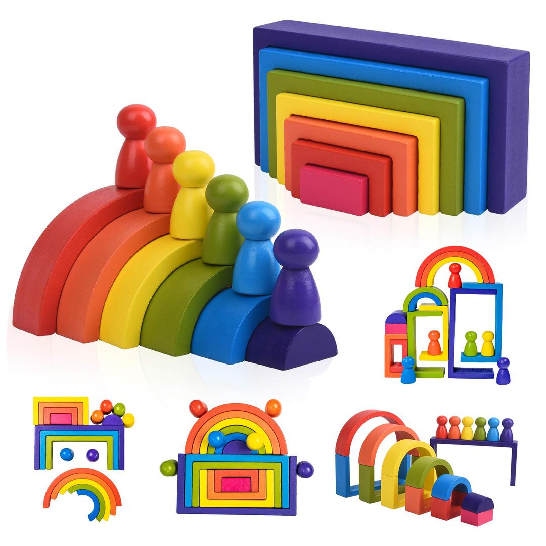 Wooden Toys, Montessori Toys for Kids 3 4 5 6+Years Old Boys Girls Rainbow Stacking Blocks Set Preschool Activites Educational Toy Gifts for Toddler-19PCS