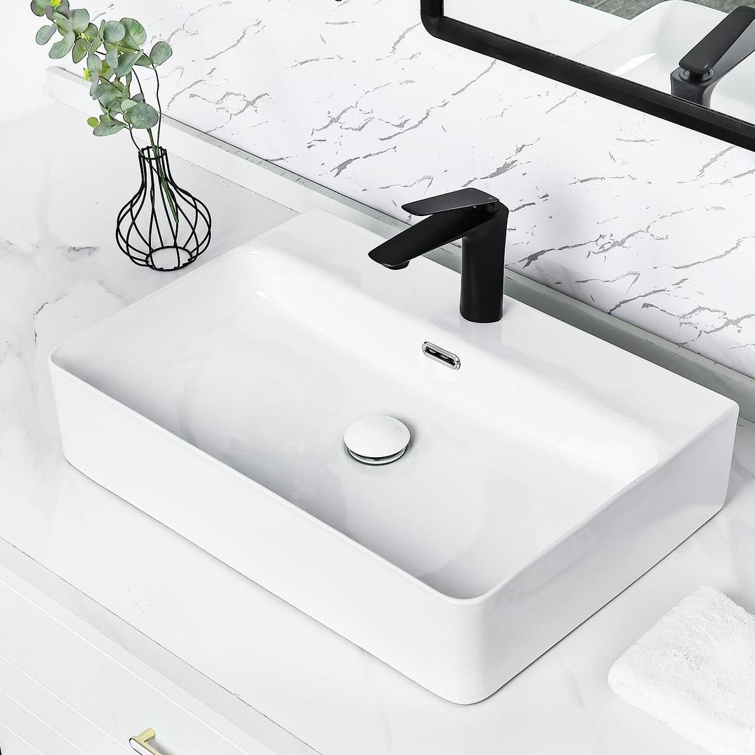 Tysun Vessel Sink Rectangular - 24'' x 17'' Modern Bathroom Rectangle Above Counter White Porcelain Ceramic Vessel Vanity Sink Art Basin with Pop-Up Drain