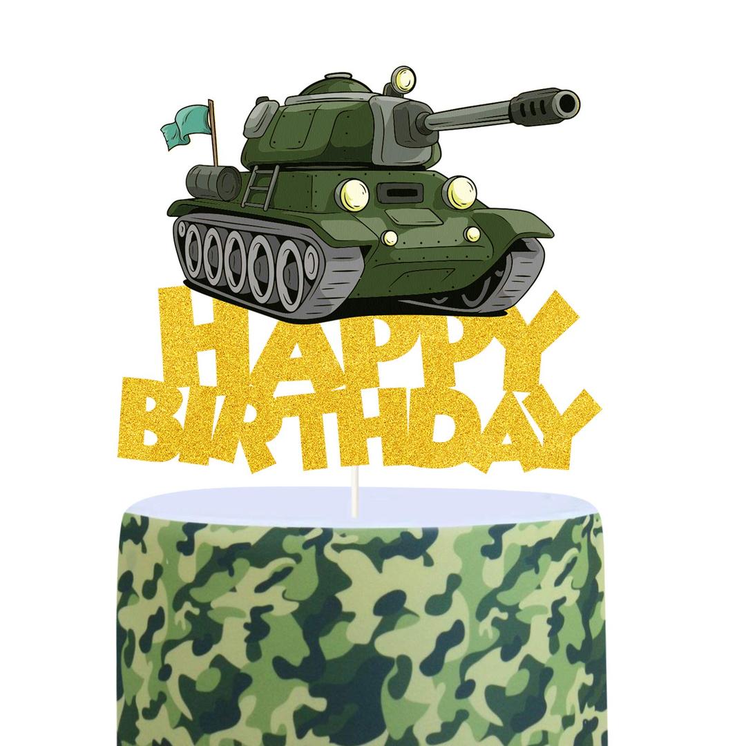 ChienMin Tank Happy Birthday Cake Topper,Ops Military Themed Birthday Party Supplies for Kids Happy Birthday,Perfect Army Military Troops Tank Camo Party Favors For Your Birthday Party