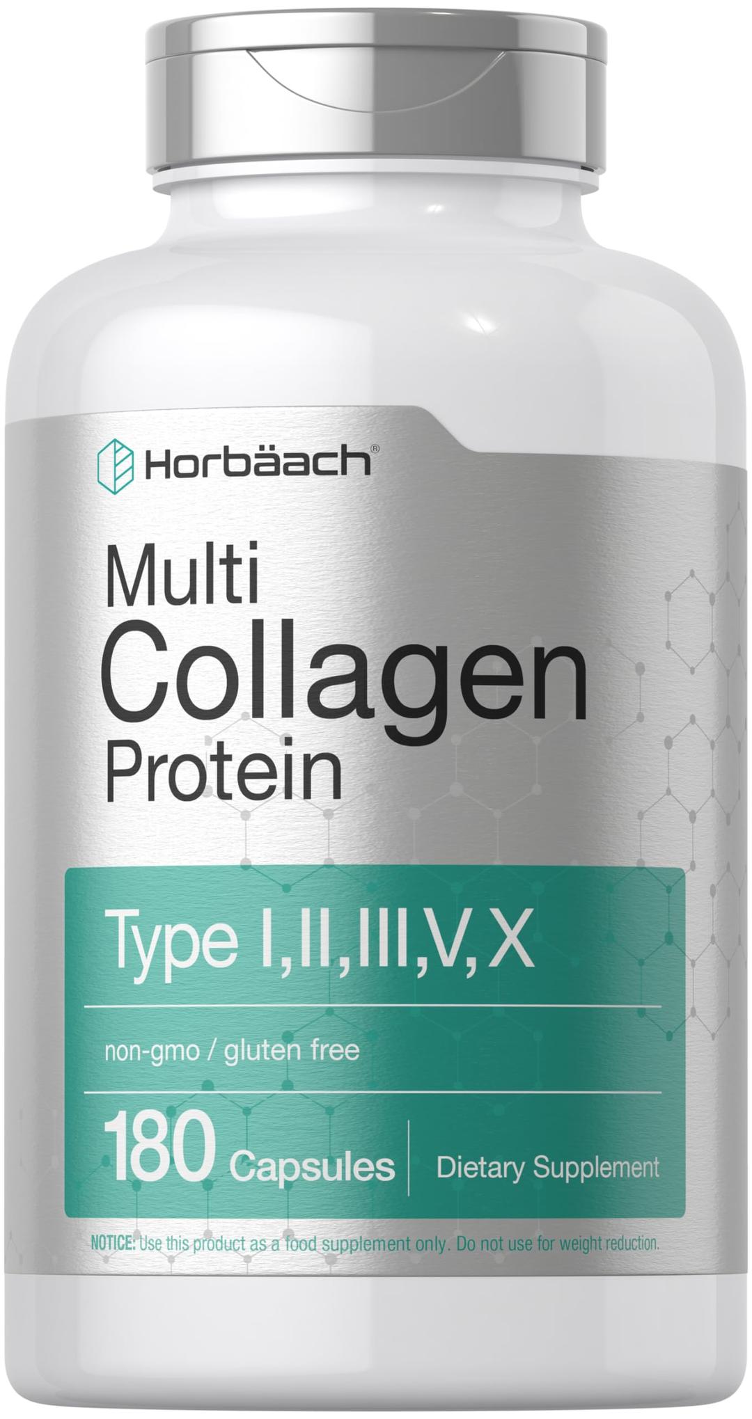 Horbäach Multi Collagen Protein 2000 mg | 180 Capsules | Hydrolyzed Collagen Type I, II, III, V, X | Keto & Paleo Friendly, Non-GMO, Gluten Free Supplement