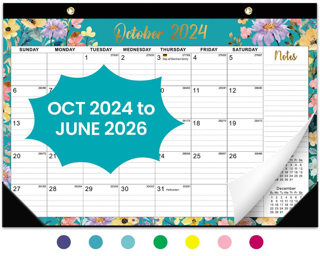 Desk Calendar 2025, 21 Months Calendar Runs from October 2024 to June 2026 - Large 17" x 12" Desktop/Wall Monthly Calendar for Home School, or Office - 2025 New Edition, Floral Pattern