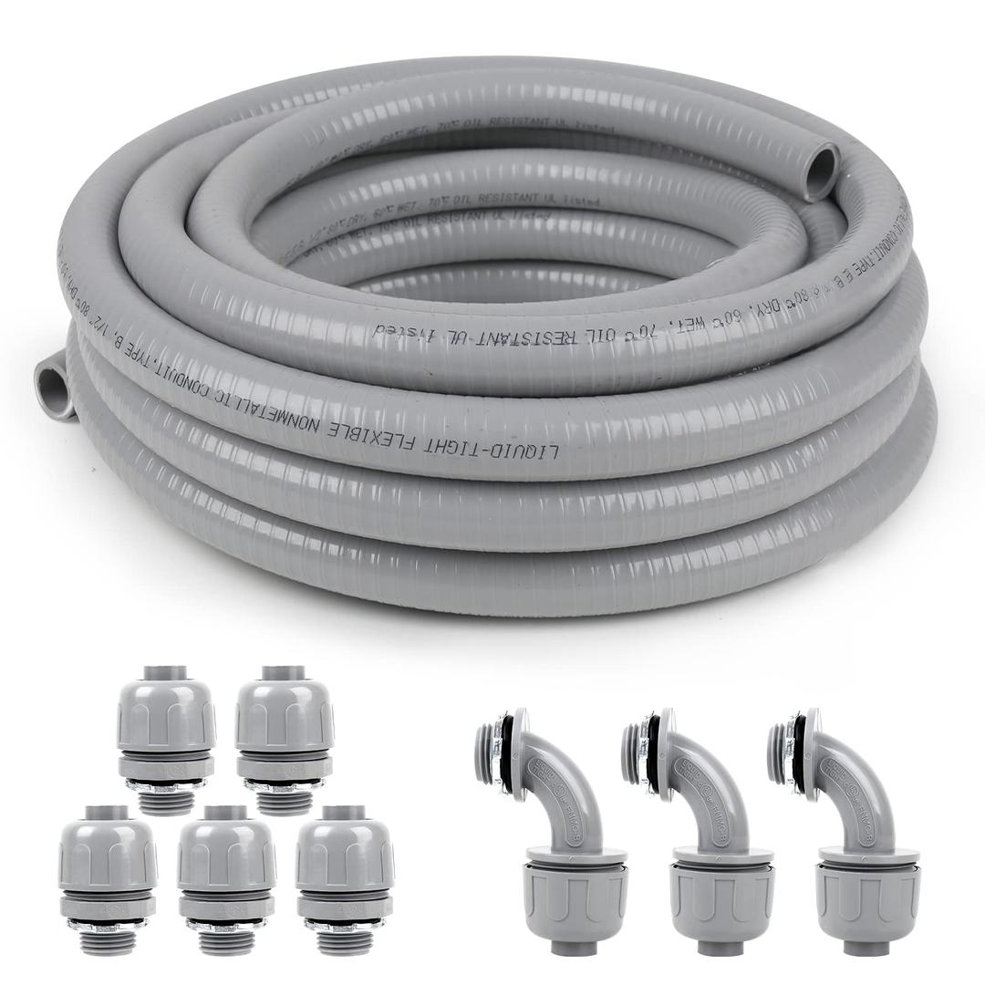 1/2inch 100ft Liquid-Tight Conduit and Connector Kit,Flexible Non Metallic Liquid Tight Electrical Conduit Kit with 5 Straight and 3 90-Degree Conduit Connector Fittings,1/2 in. Dia