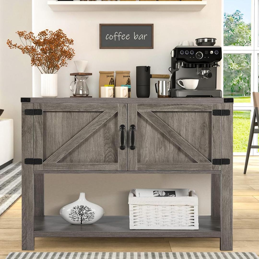 4ever2buy Farmhouse Coffee Bar Cabinet with Barn Doors, Grey Coffee Bar Stand with Storage, 36 inch Coffee and Tea Bar with Bottom Shelf for Living Dining Room