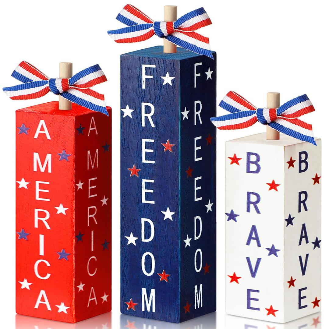 3 Pcs 4th of July Patriotic Table Decorations Wood Independence Day Centerpieces Fourth of July Tiered Tray Decor Firework Block Sign for Home Veterans Memorial Day Decorations