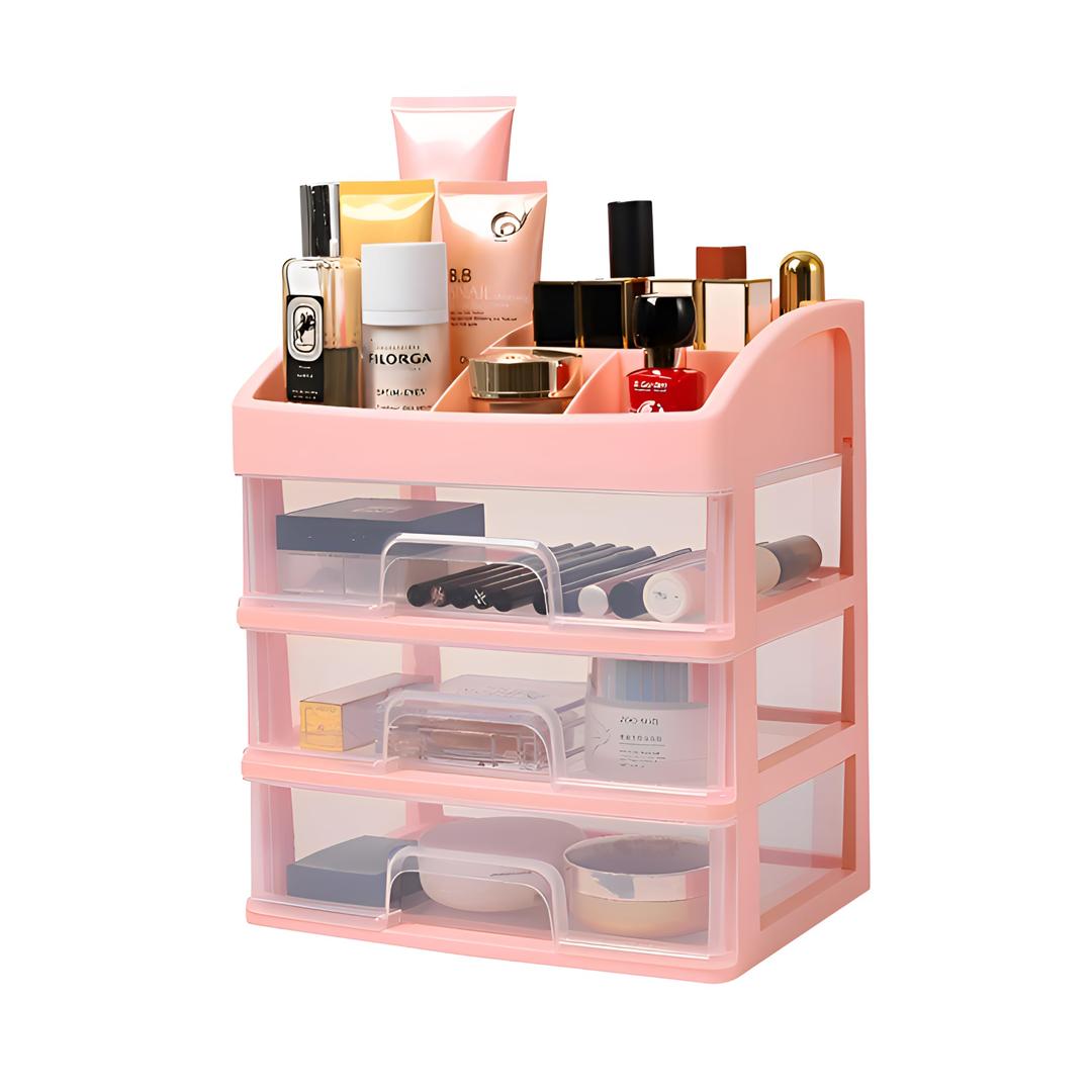 Makeup organizer for vanity, Clear 3 Tiers Drawers Countertop Storage Box, Small Cute Brushes, and Skincare Cosmetic Display Case Holder for Desk White (Pink)