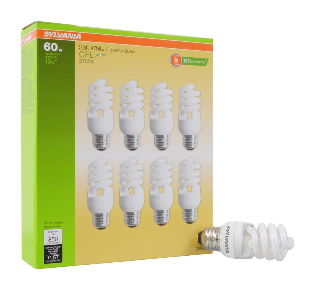 Sylvania CFL T2 Twist Light Bulb, 60W Equivalent, Efficient 13W, 850 Lumens, Medium Base, 2700K, Soft White - 8 Pack (26363)