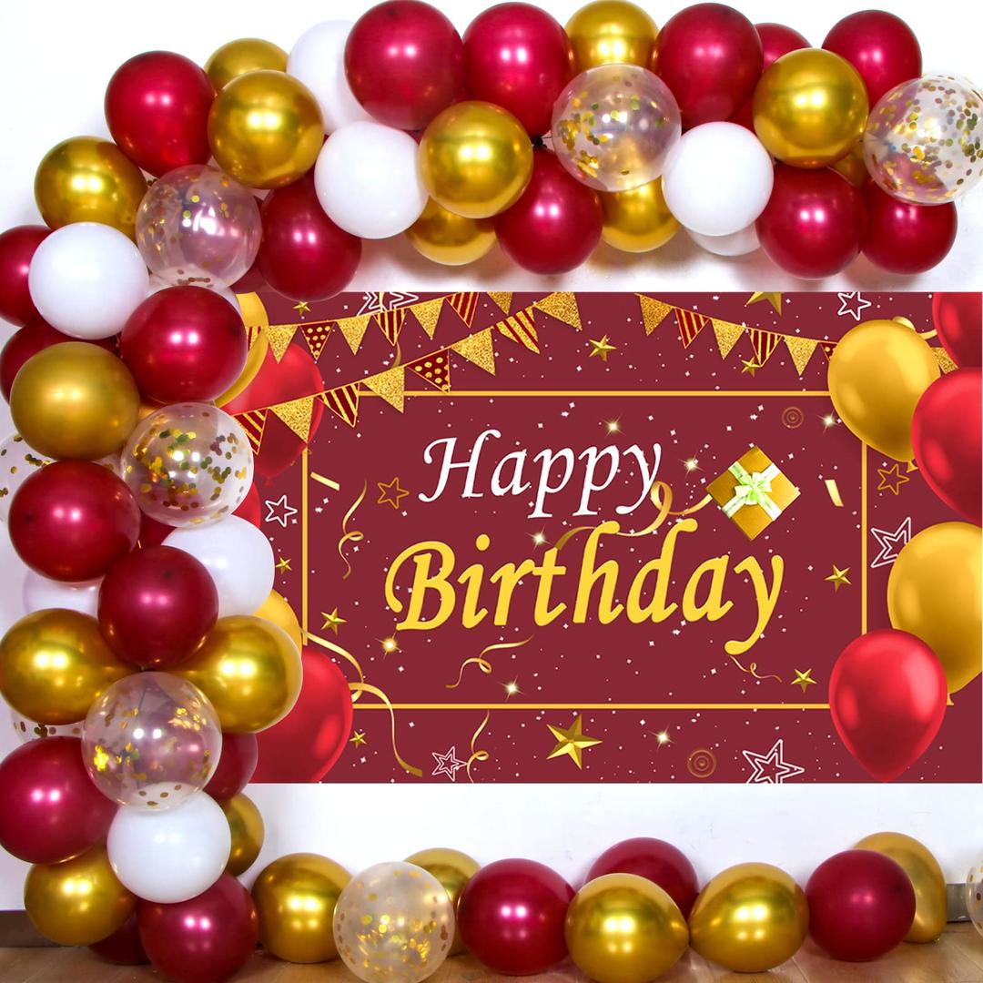 Birthday Party Decorations Maroon Gold, Happy Birthday Photography Backdrop Banner for Women Men Girl boy Sign Decorations Burgundy Confetti Balloons Arch Kit Anniversary Birthday Party Supplies Decor