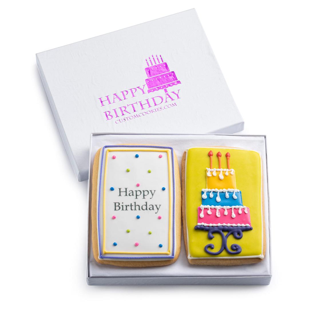 Gourmet Happy Birthday Cookie Gift Basket | 2 Large 2.5 x 4.5 in Vanilla Sugar Cookies Hand-Decorated Snack Variety Pack | Kosher B-Day Bakery Care Package For Women, Men Boys & Girls