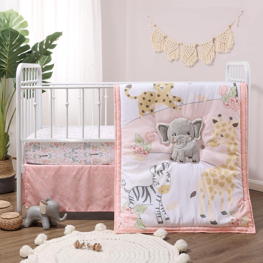 The Peanutshell 3 Piece Baby Crib Bedding Set for Girls - Newborn, Infant & Toddler Nursery Bed Set Decor with Fitted Crib Sheet, Dust Ruffle, Crib Comforter - Wildest Dreams