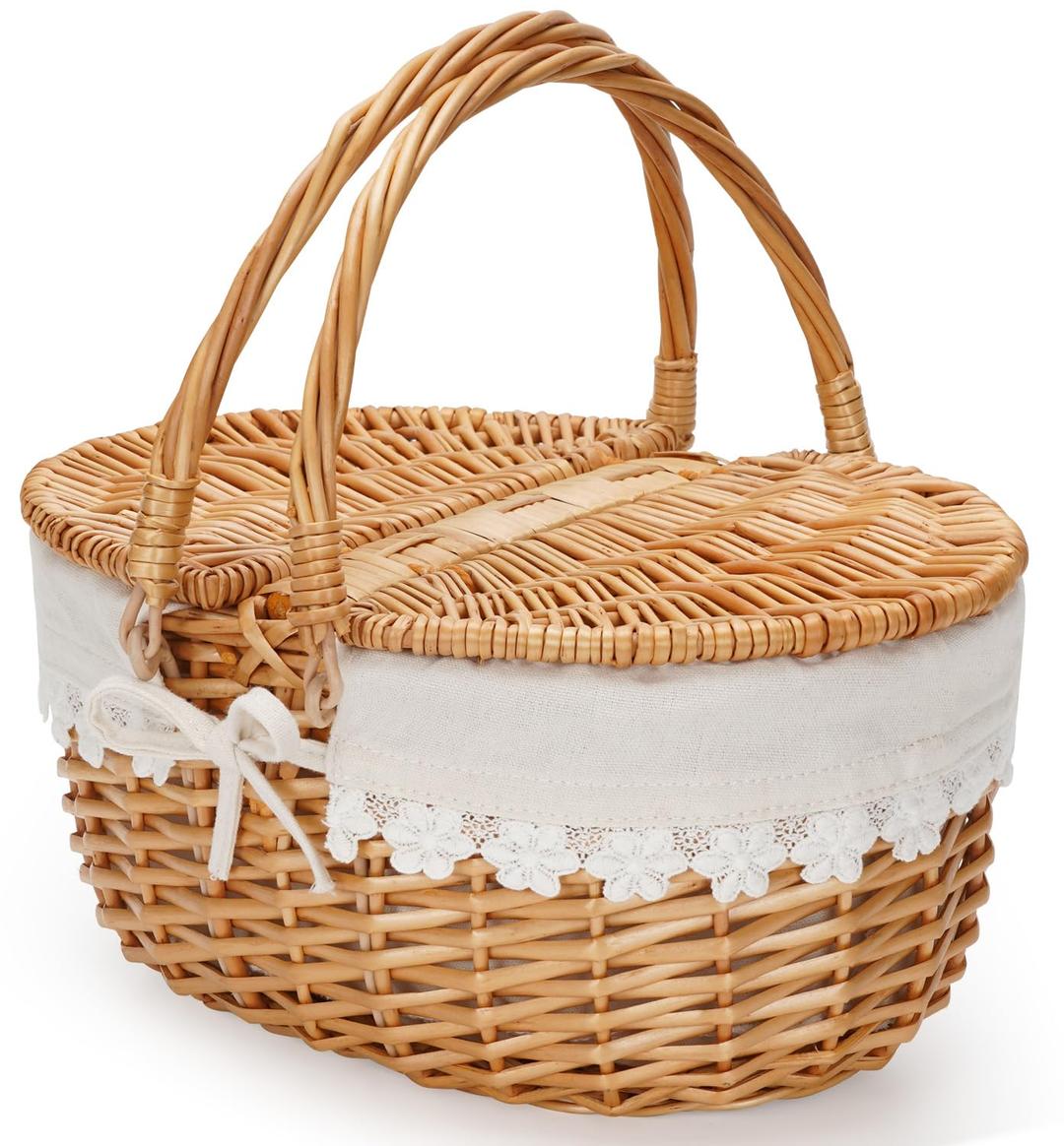 Zormy 12" Light Picnic Basket - Small Wicker Basket with Handle Lid & Removable Lining, Cute Toy Basket for Kids, Gift Basket Empty for Halloween, Christmas, Valentines, Easter, Birthday - Cream