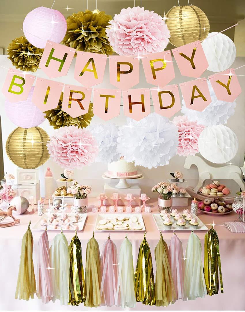 Pink and Gold Birthday Party Decorations Happy Birthday Bunting Banner Tissue Paper Pom Poms Flowers Paper Lanterns Paper Honeycomb Balls Tissue Paper Tassel Garland for Girls’ 1st Birthday