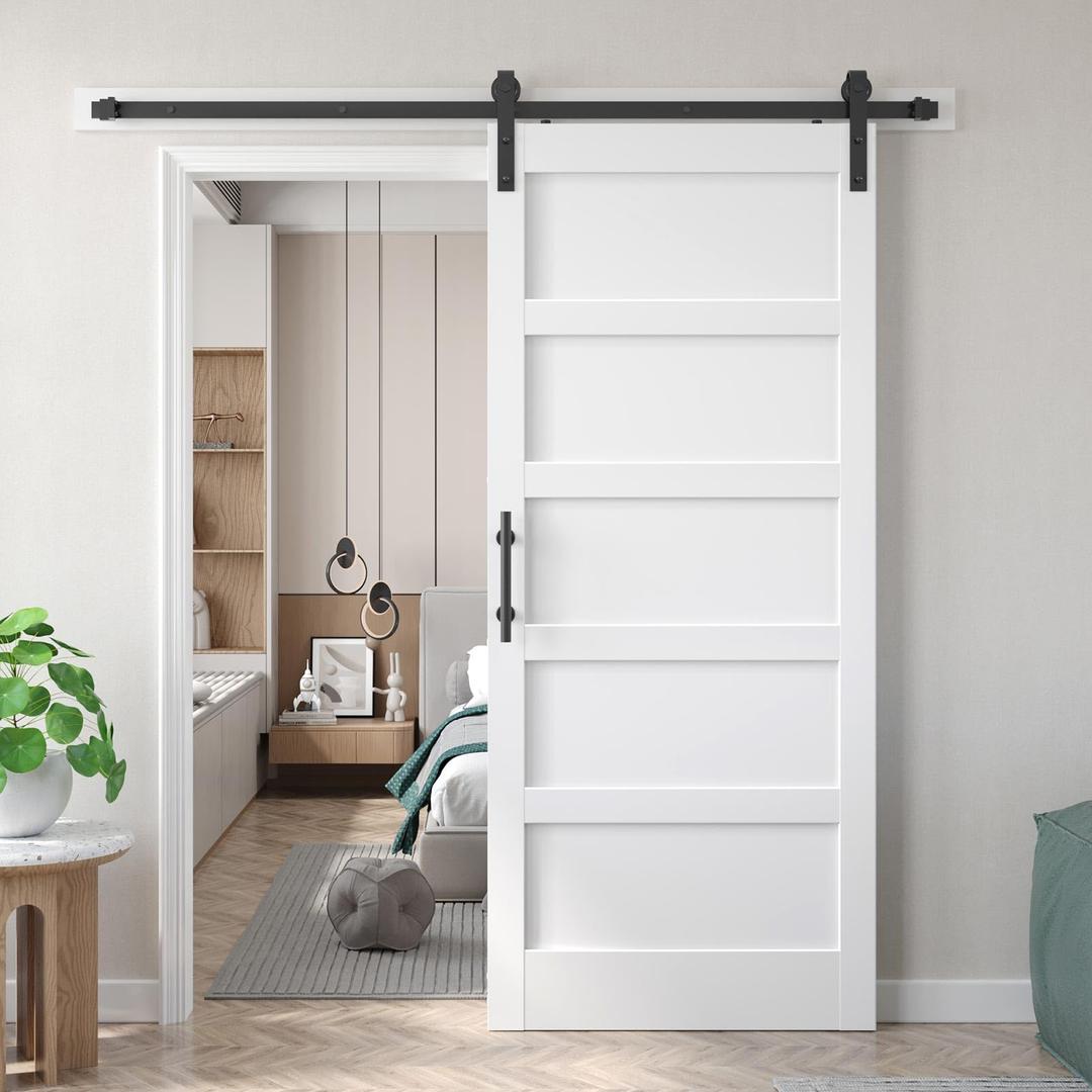 Fredbeck 36x84 inch White Barn Door with 6.6FT Sliding Door Hardware Kit Included & Handle,Solid,MDF,PVC Surface,DIY Assembly,5-Panel,Fit 33in-34in Opening