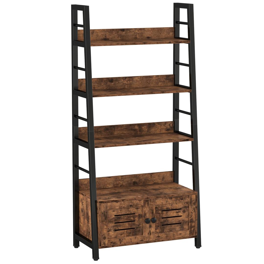 IRONCKBookshelf with Louvered Doors, 3-Tier Ladder Shelf with Cabinet Industrial Accent Furniture for Bedroom Living Room Home Office, Rustic Brown