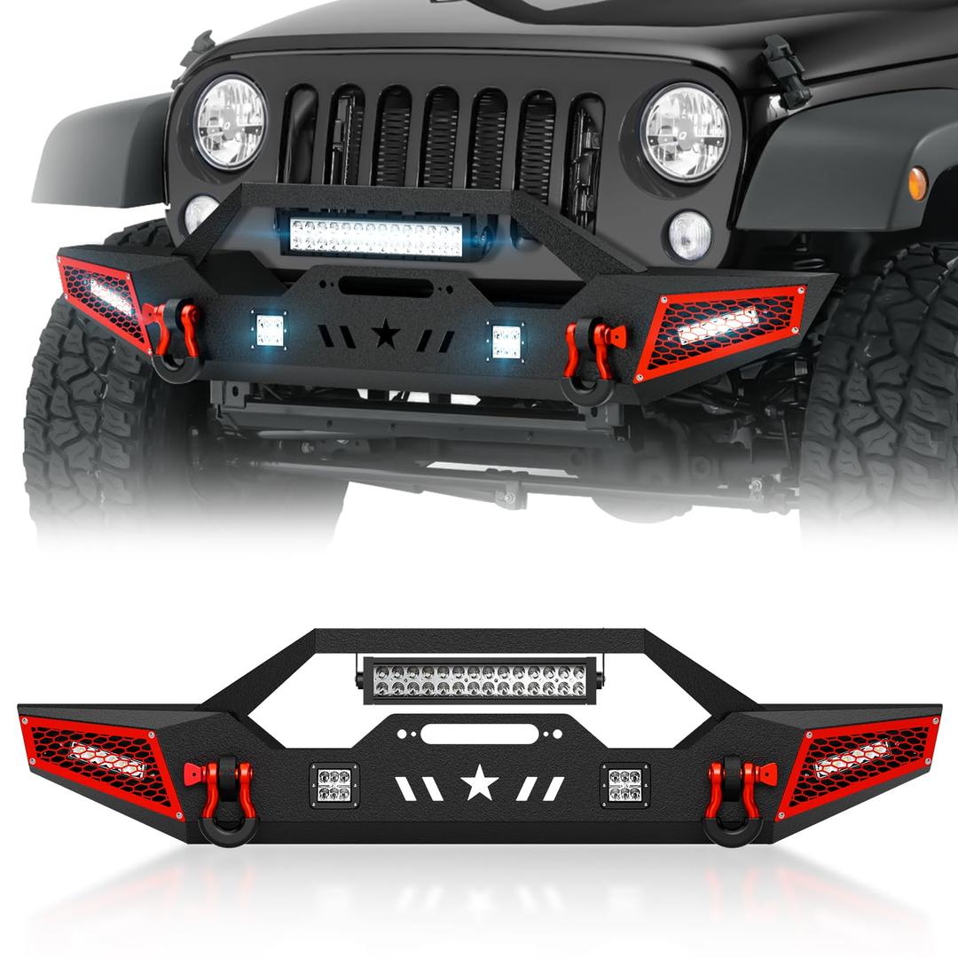 Off-road Front Bumper Compatible with 2007-2024 Jeep Wrangler JK JL JKU JLU Unlimited & Gladiator JT (2/4 Doors) Built-in Paintable Armor, Winch Plate, 5 x LED Lights & D-rings, Black